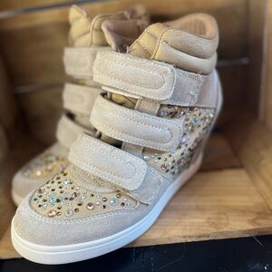 Aldo Beige Rhinestone High-Top Sneakers
